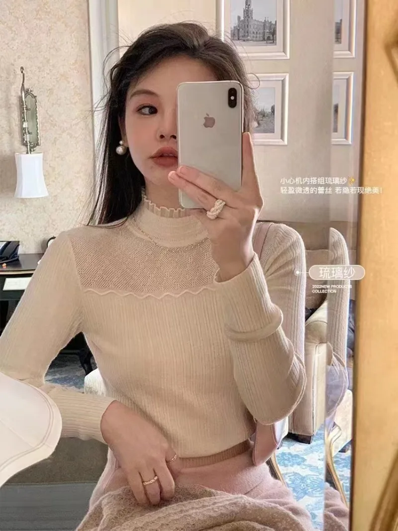 

Miiiix Korean Fashion Lace Knitted Bottom Shirt for Women's Winter High Grade Unique and Special Pullover Top Female Clothing