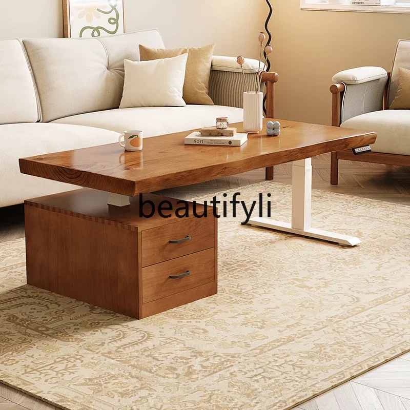 Solid wood lifting coffee table becomes dining table dual-purpose two-in-one with drawers electric multi-function