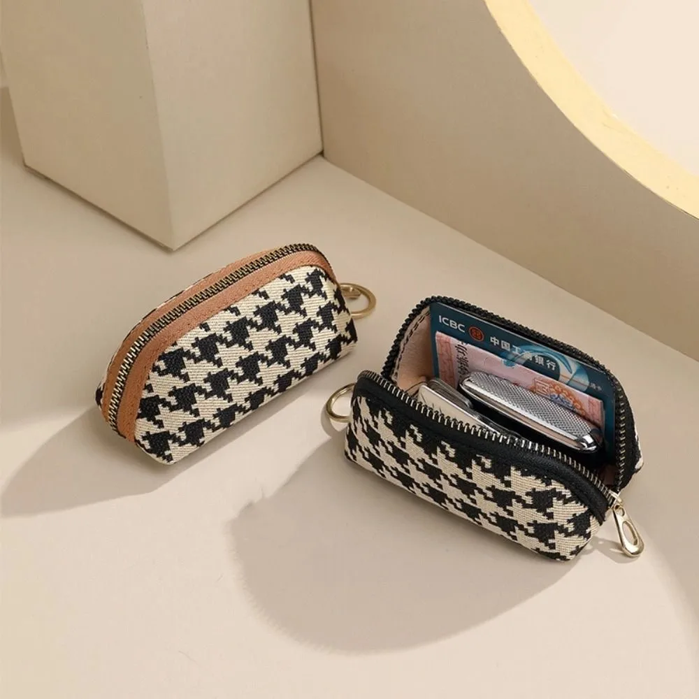 Portable Pu Leather Long Style Wallet Car Key Bag Canvas Houndstooth Zipper Purse Money Clip Handbag Square Change Purse Travel