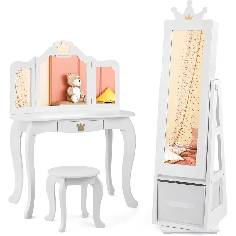 

Children's Makeup Vanity Set with Swivel Jewelry Organizer and Full-Length Mirror in White