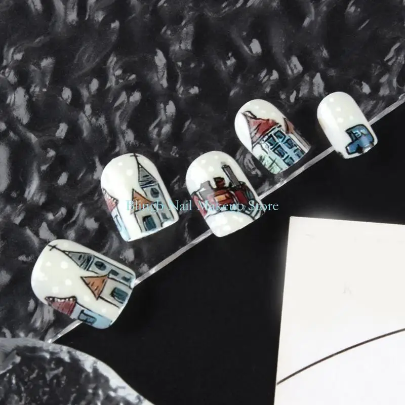 28ta kerstthema druk op spijker 24 -stand set sneeuwvlokontwerp witte kunstmatige nagel blauwe strepen glitters afwerking