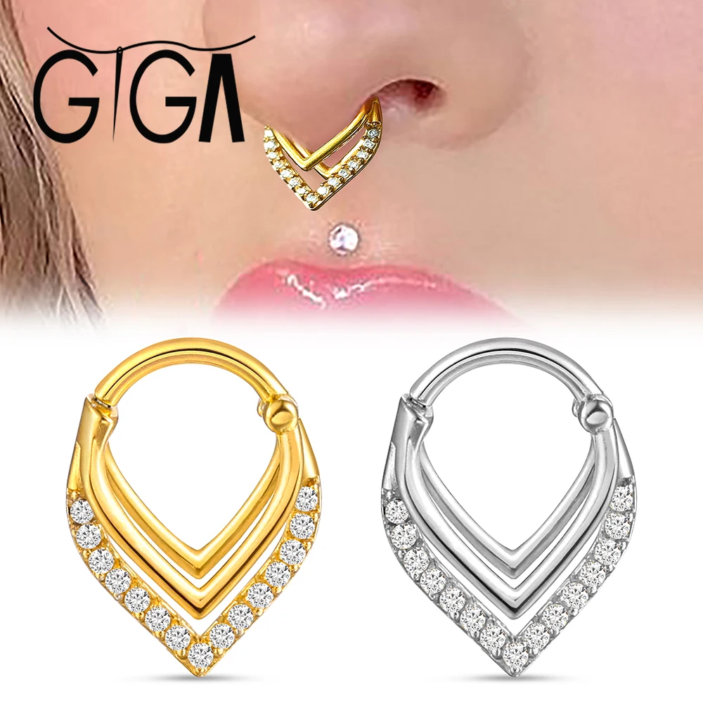 

Giga 1Pcs Surgical Steel Septum Rings 16G Hypoallergenic Zircon Gemstone Hinged Septum Nose Lip Cartilage Body Piercing Jewelry
