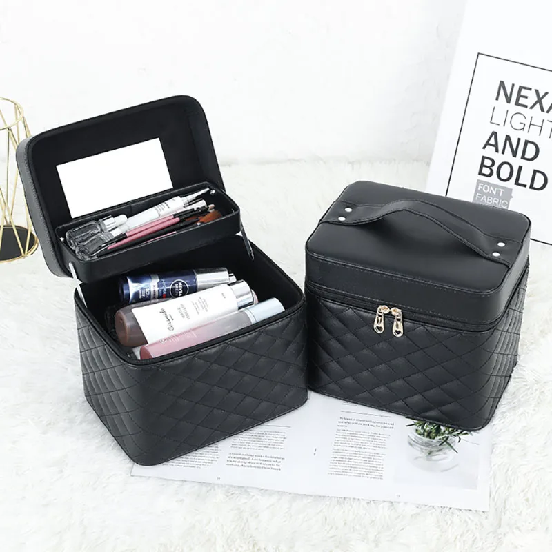 New Makeup Bag Portable Large Capacity Texture Small Square Bag PU Leather Simple Fashion Travel Cosmetics Storage Box Solid Pop