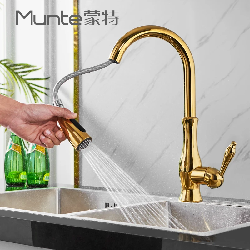 

Minimalist art titanium gold rotatable pull-out hot and cold water kitchen faucet sink single handle single hole faucet