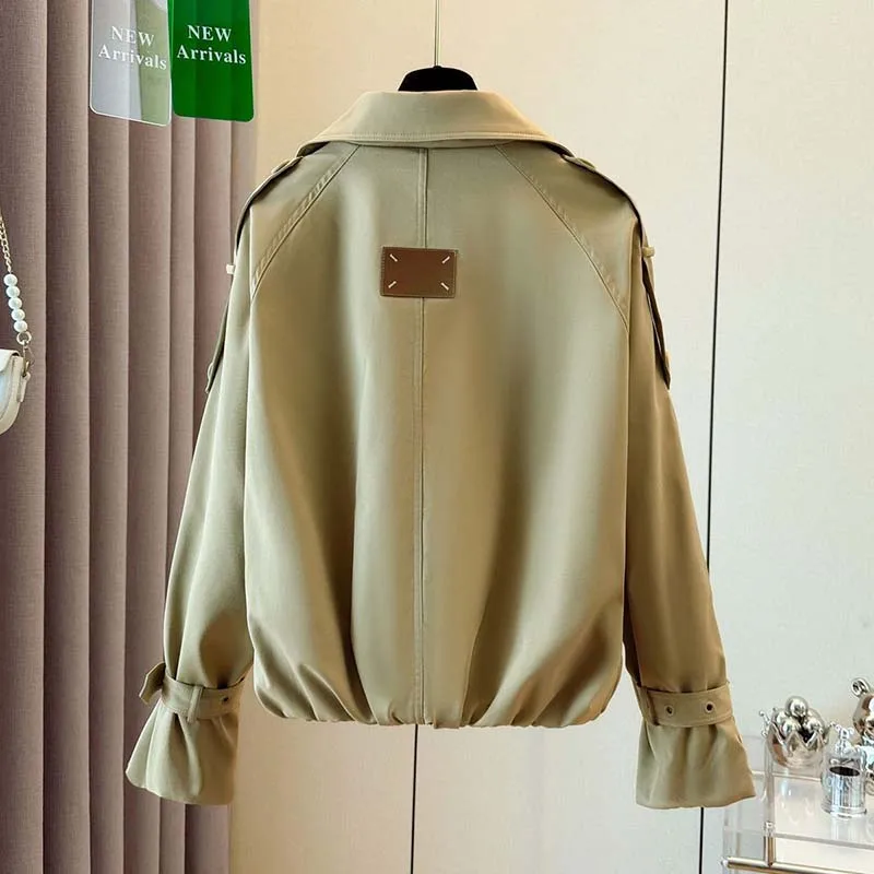 2026 Women Double Breasted Short Windbreaker Stand Collar Shoulder Epaulets Buckle Sleeve Drawstring Loose Casual Trench Coat
