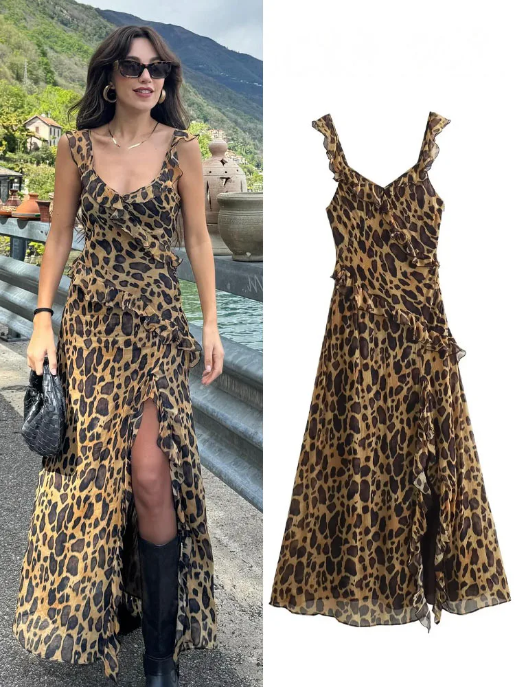 TRAFZA 2024 Woman Chic V-Neck Sleeveless Backless Slim Beach Party Dress Women Summer Vintage Leopard Fold Print Long Dress