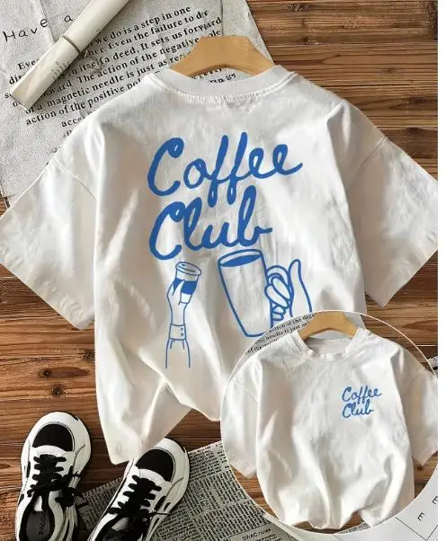 Women Coffee Club T Shirt Front And Back Print Blue Handwritten Coffee Club Hand Hold Coffee Cup Line Art Graphic Casual Short Sleeve White Tee Tops