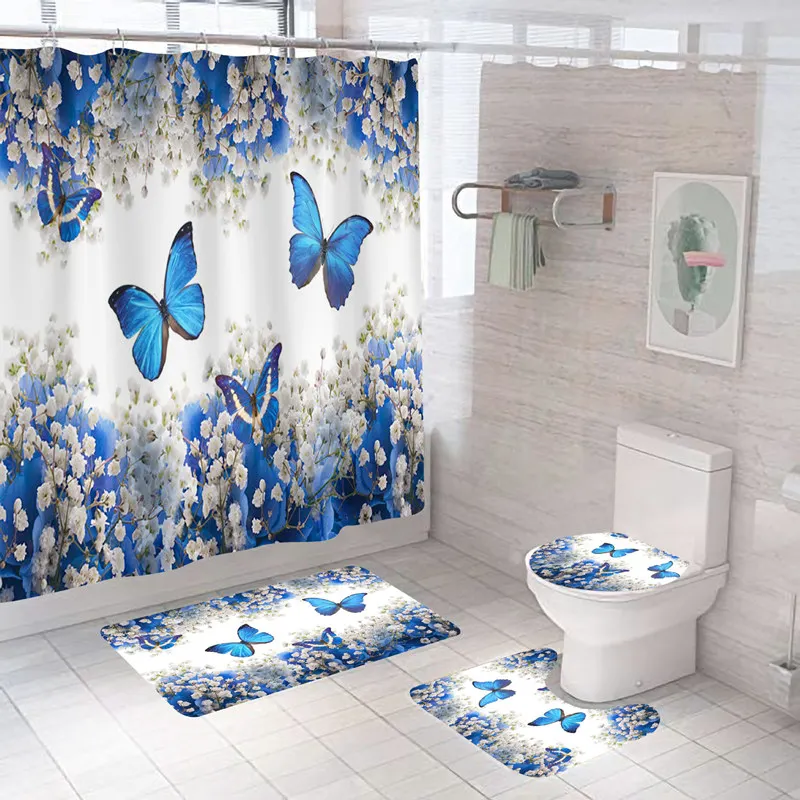 Butterfly Bath Curtain 3D Print Flowers Modern Bath Mat Set Waterproof Carpet High Quality Toilet Rugs Shower Curtain With Hooks