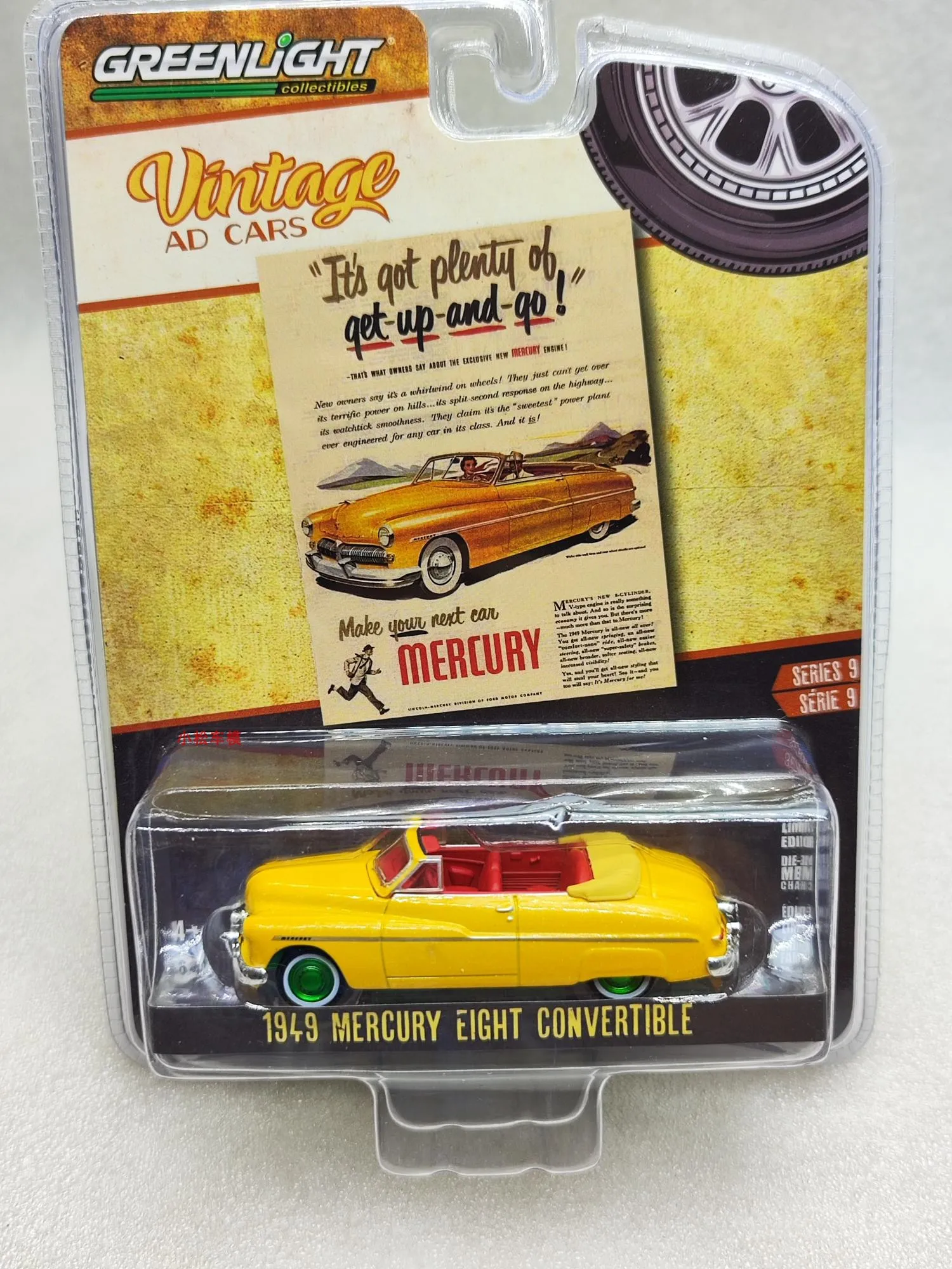 

GreenLight 1:64 Retro Advertising Car 9-1949 Mercury Eight Convertible Green Machine Alloy Car Model Market Ornament Collectible