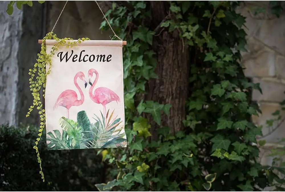 Pink Flamingos Welcome Garden Flag Vertical Double Sided Tropical Bird on Palm Tree Green Leaves House Flags Home Burlap Ban EEN