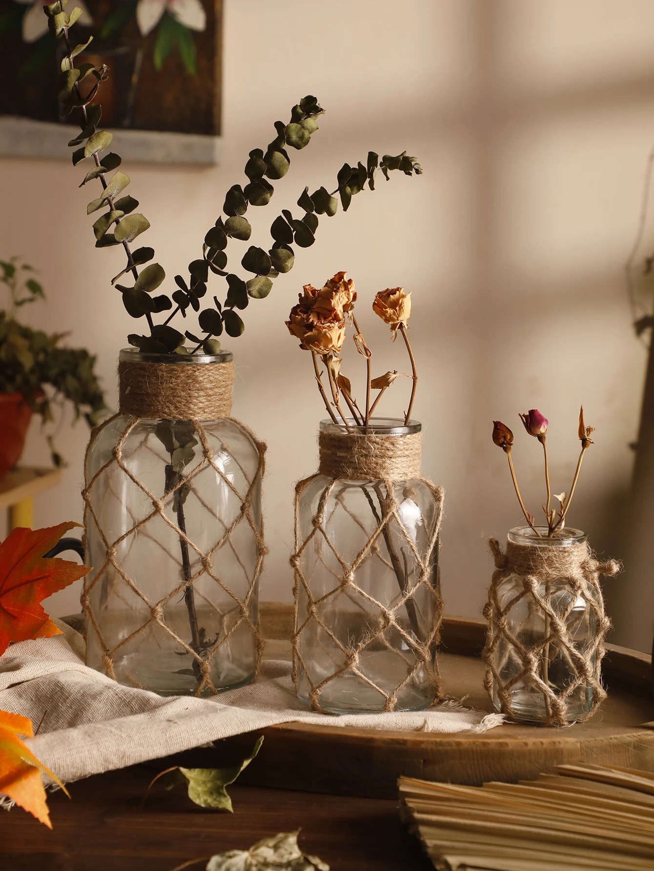Rustikale hängende Glasvase mit Kunst-Hanfseil, Seilnetz, trockene Blumen-Glasvase, transparente Wohnzimmerdekoration für Zuhause, Tischdekoration