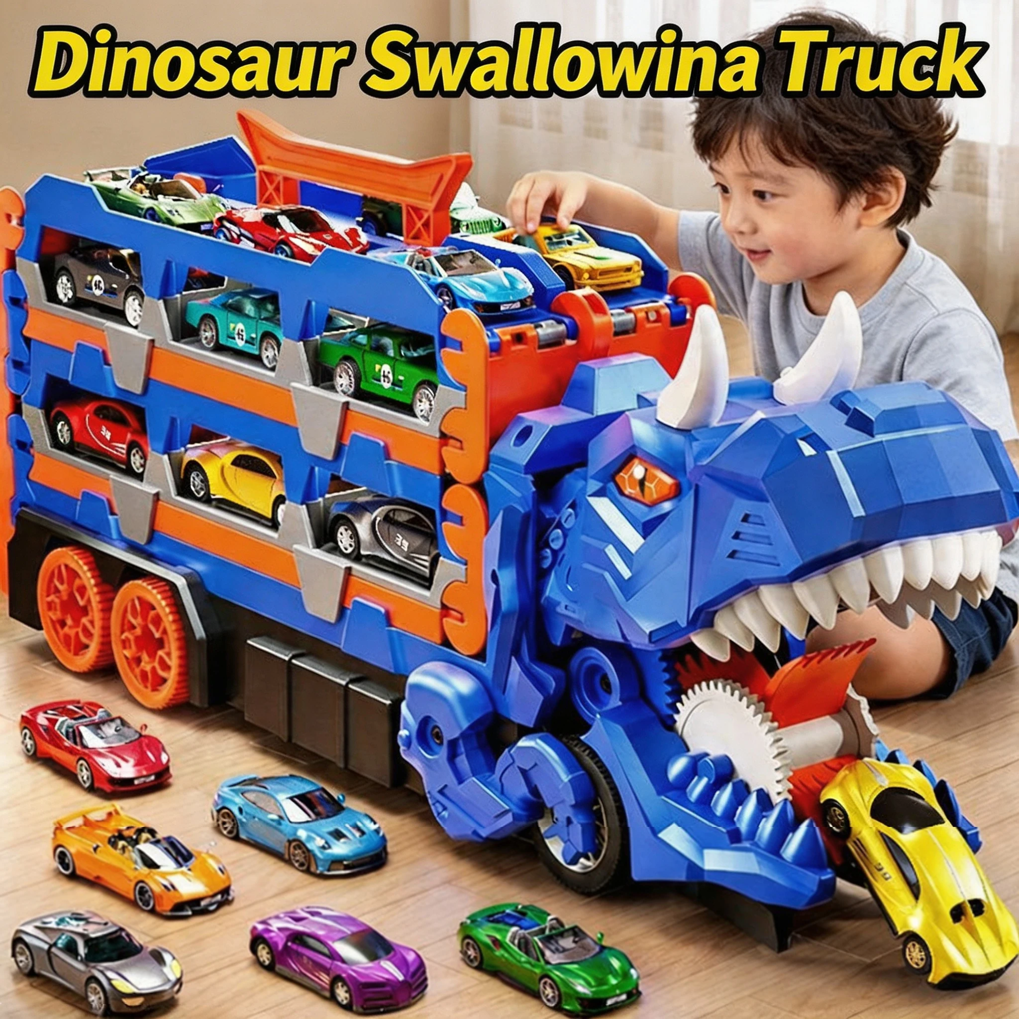 Dinosaur Track Car Toy, Eats & Transforms with Sliding Eject Alloy Car, Action Gift for Boys