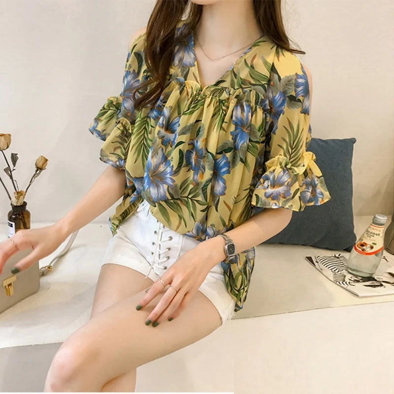 Loose ort Sve Floral Chiffon irt Mujer Sweet Sle V-Ne Tela de mezcla de poliéster de longitud media Verano Faion irt