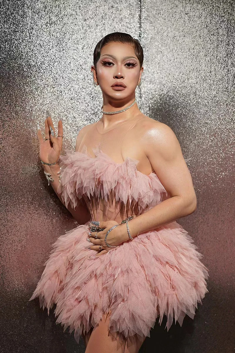 Frauen Show Performance Bühnenkleidung Tanzkostüm Rosa Mesh Strasssteine Ballkleid Kleid Abschlussball Party Feiern Geburtstagskleid