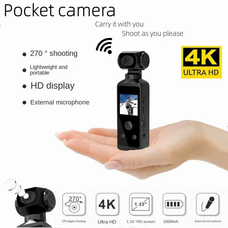 Карманная экшн-камера 4K Ultra HD Wi-Fi 270. °   Вращающаяся мини-спортивная видеокамера, водонепроницаемый чехол, дорожный рекордер для водителя велосипеда