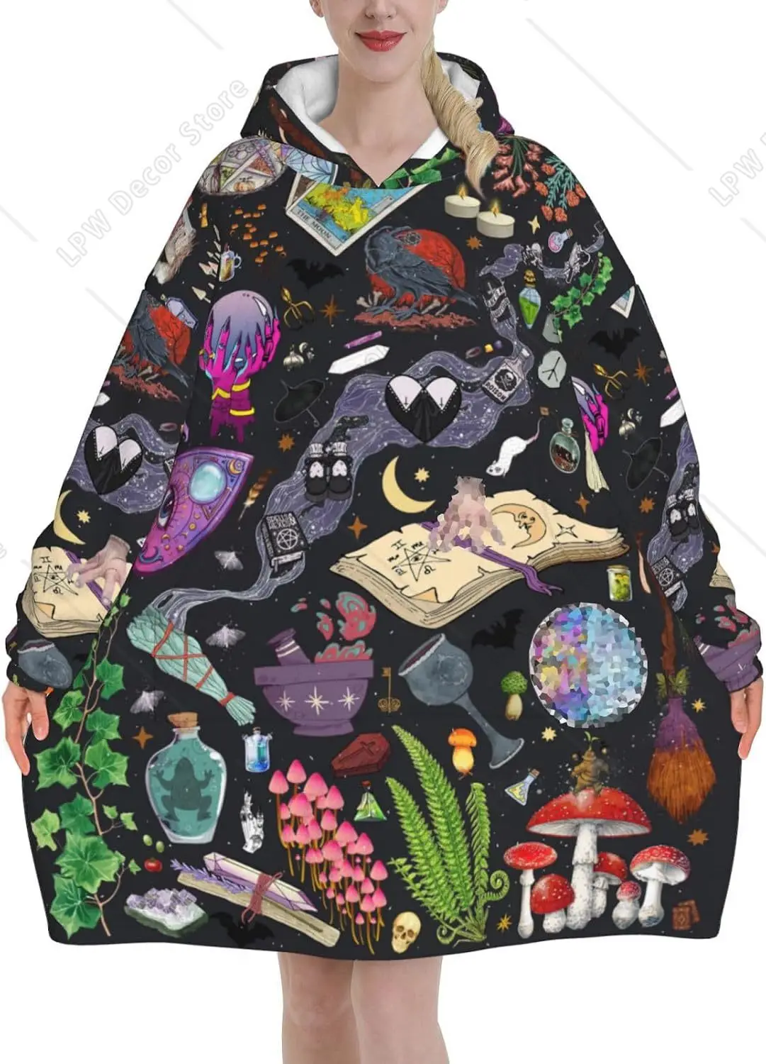 Witchcraft Magic Element All Over Print Oversized Hoodie Blanket Mushroom Raven Moon Spell Book Potion Gothic Casual