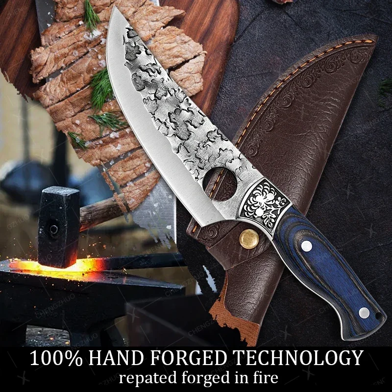 CHENGZHUO Set di coltelli da chef forgiati da cucina in acciaio ad alto tenore di carbonio professionale da macellaio per disossare coltello vichingo carne pesce coltello da mannaia per frutta