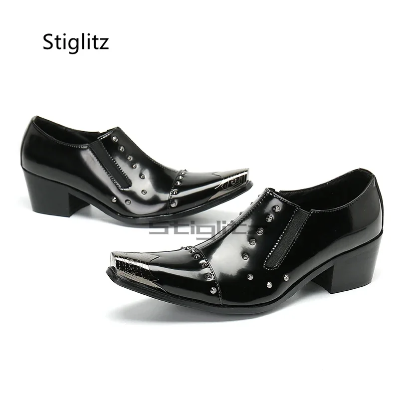 Rivet Genuine Leather Men's Shoes Metal Pointed Toe High Heels Dress Shoes Slip On Black Casual Business Party Wedding Shoes