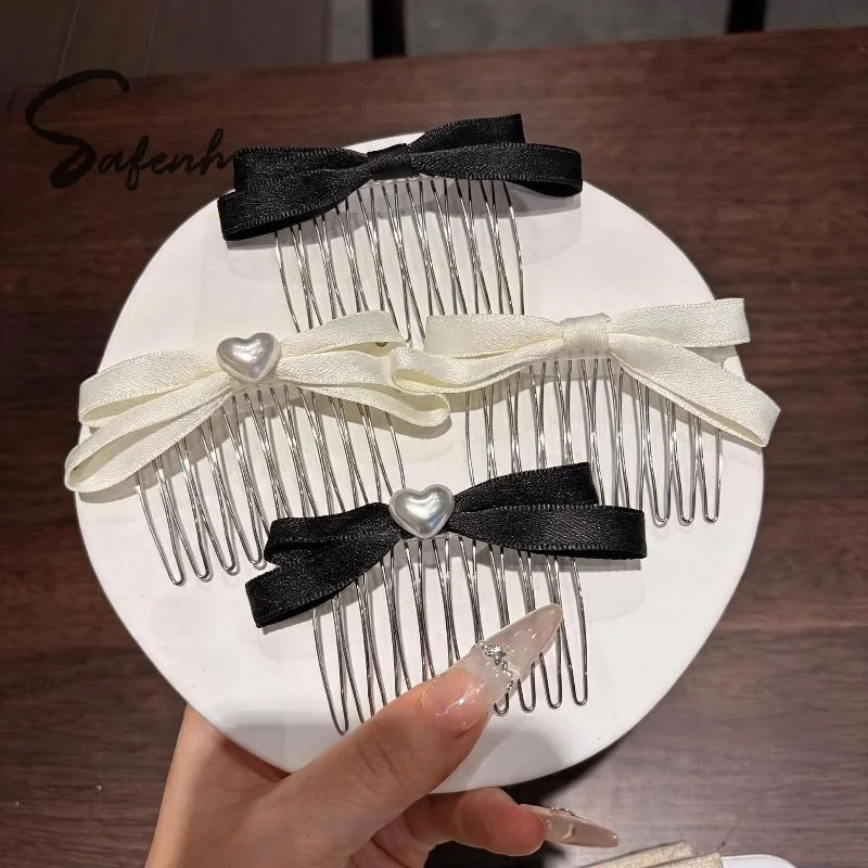 Elegant Ribbon Bow Hair Combs Faux Pearl Heart Decor Metal Teeth For Daily Wear Wedding Hair Styling