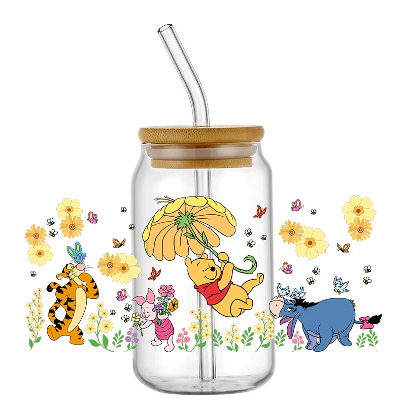 3D UV DTF Libbey Cup Wrap Cartoon Cute Pooh Friend Transfer Sticker adesivo impermeabile durevole