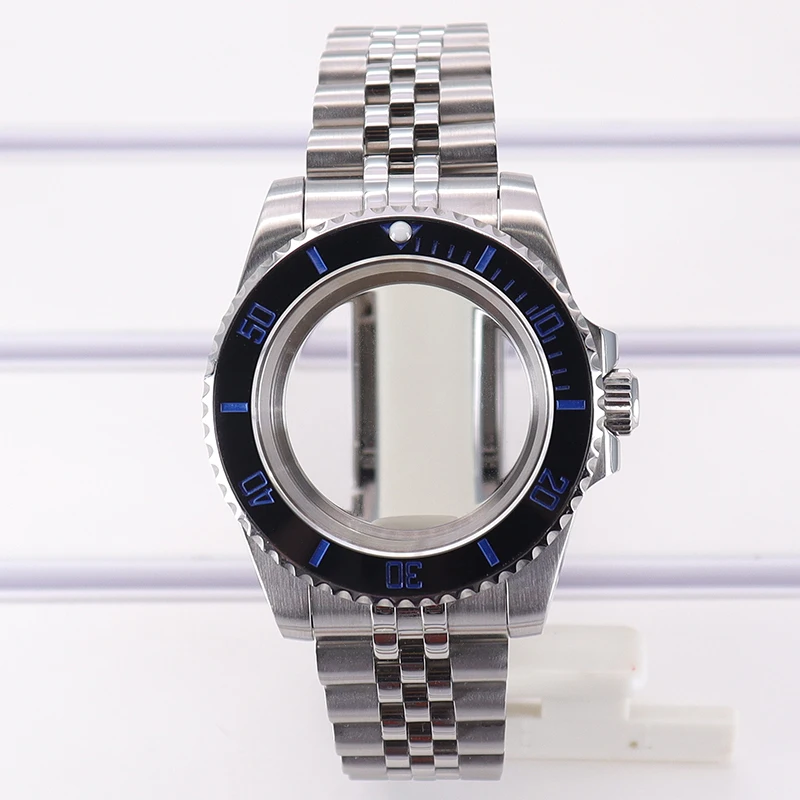 Fanya 40mm Watch Case 5-link bracelet Blue letters bezel Sapphire Glass For Seiko Nh35 Nh36 Eta 2824 Miyota 8215 Movement 28.5mm