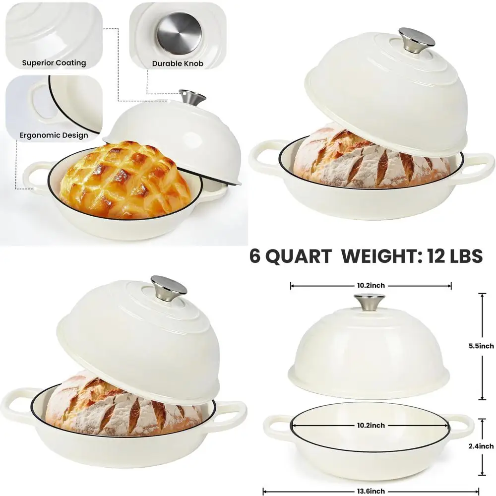 

Эмалированная чугунная кастрюля для хлеба, 6 литров, безопасная в духовке до 500 ° F, Белый