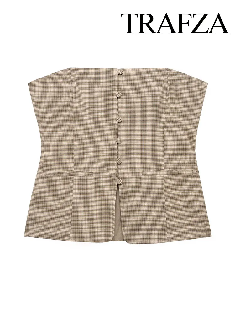 

TRAFZA Women Summer Fashion Off Shulder Short Tops Woman Gingham Single-breasted Pocket Decorate Sleeveless Elegant Top Mujer