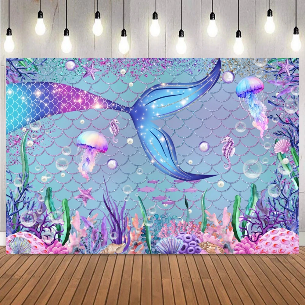 Meerjungfrau-Hintergrund für Fotografie, Mädchen, Prinzessin, Geburtstag, Party, Meerjungfrauenschwanz, Meeresboden, Muschel, Babyparty, Fotohintergrund, Dekor-Requisiten