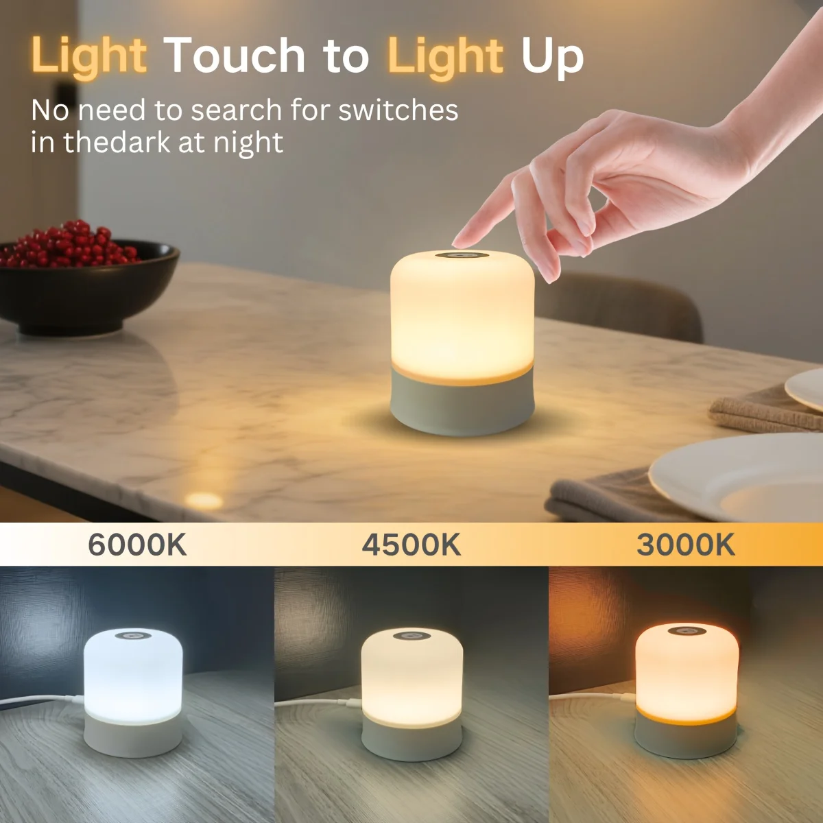 1pc LED bedside lamp, touch switch, temperature and light color conversion, infinitely adjustable brightness, soft lighting
