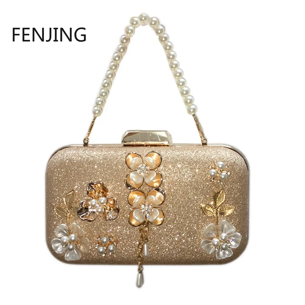 Diamond Pearl Petal Chain Tassel Evening Clutches Bag Rhinestone Plastic Flower Purse Metal Women's Handbag Luxury Shoulder Bags