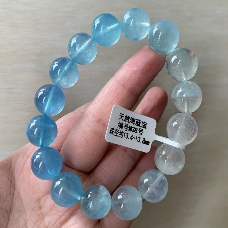 Natural Blue Aquamarine Clear Round Beads Bracelet Women Men Gift Fashion Brazil Rainbow White Blue Aquamarine Jewelry AAAAAA