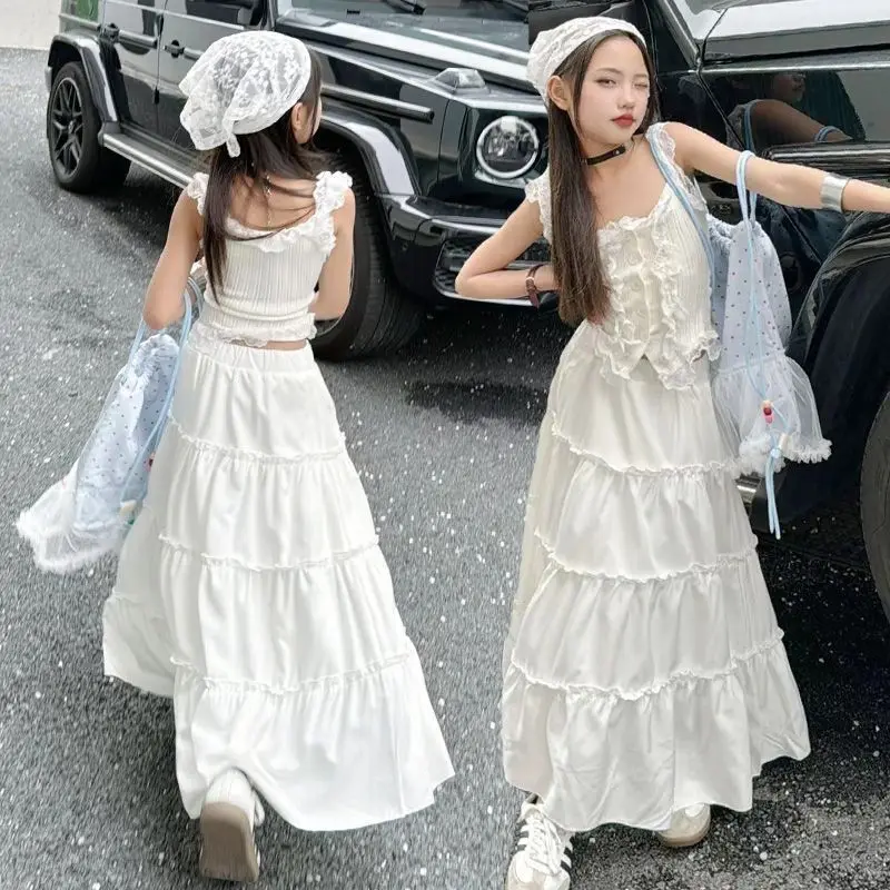 Girls Sweet Spicy Lace Slim Vest Super Fairy Long Skirt Set Teen Kids Outfits Summer Children Clothes Fashion Two-piece Suits