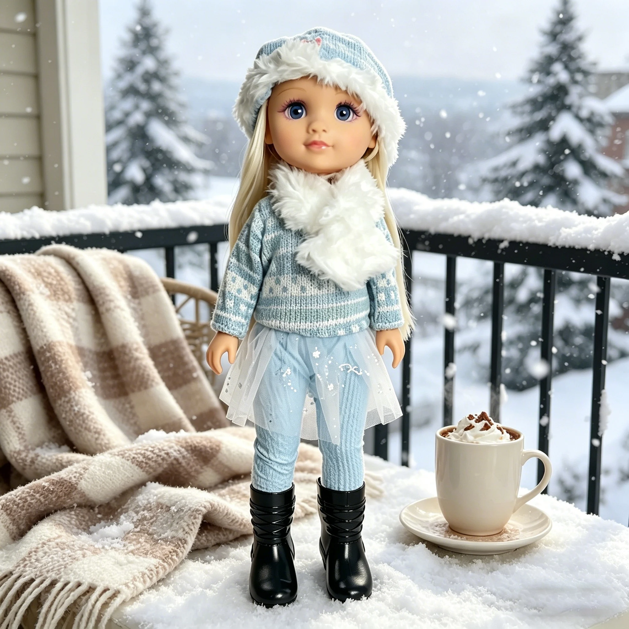 

Snowy Day Doll Outfit Set - Blue Tulle Tutu Leggings + Black Boots + Knit Hat for 18 Inch Dolls