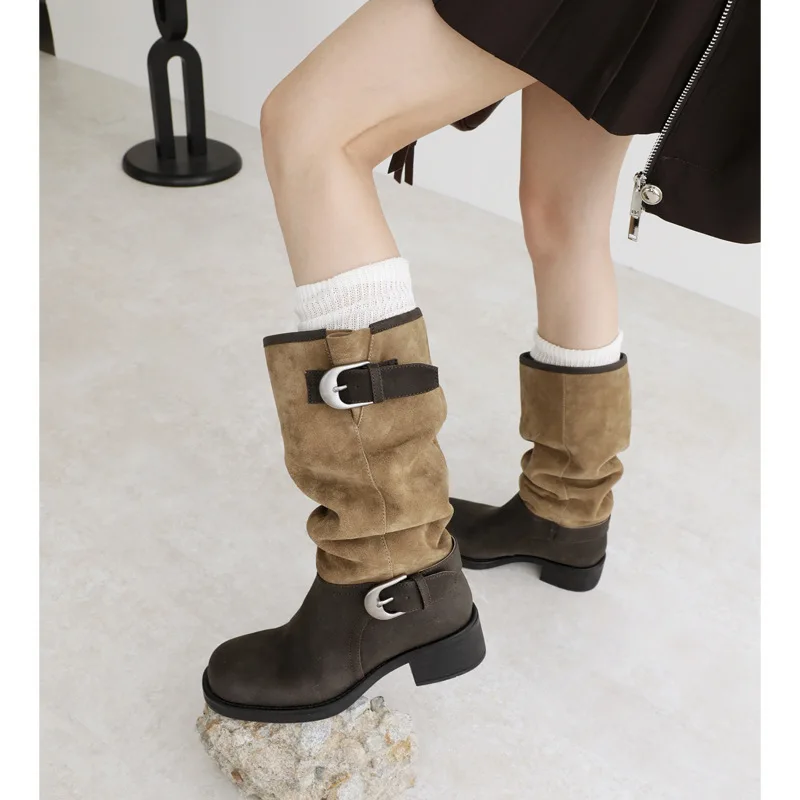 

Women's Brown Suede Slouchy Mid Calf Boots Fashionable Boots with Contrasting Leather Buckle Straps Chunky Block Heel Footwear