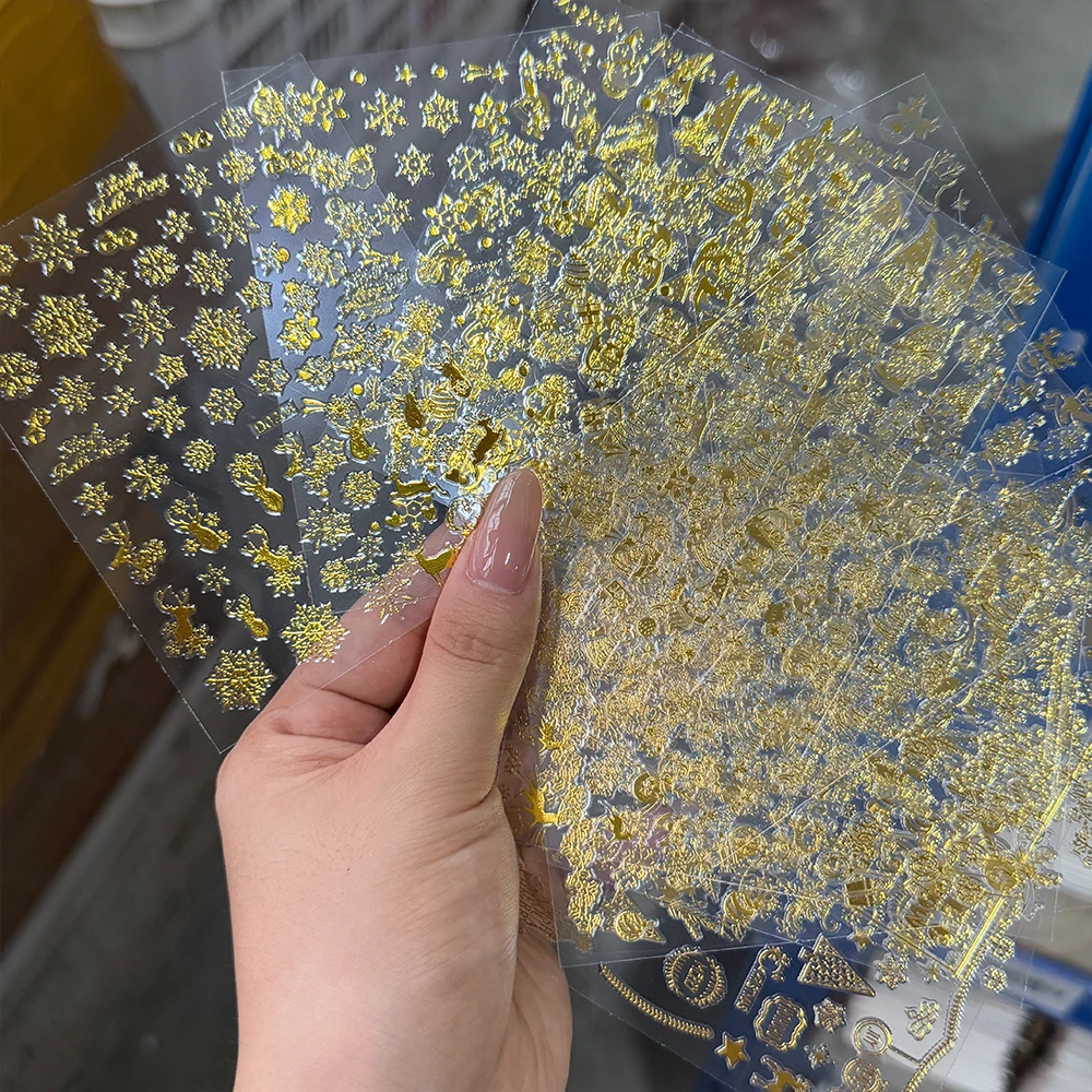 12pcs/set Golden Christmas Santa Claus Nail Art Sticker 3D Laser Gold Snowflake Elk Xmas Tree Nail Slider Winter Snowman Nail De