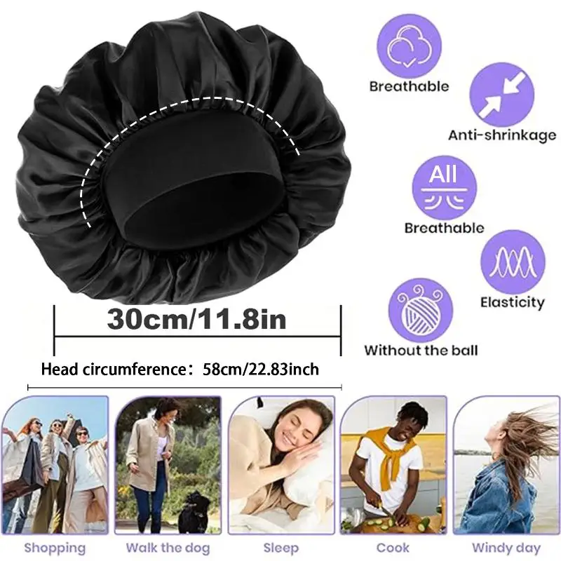 2 Stück Satin-Schlafhaube mit breitem, weichem Gummiband, Kopftuch, Schönheitskappe, Haarschutz zum Schlafen, Haarpflege – Detail 12