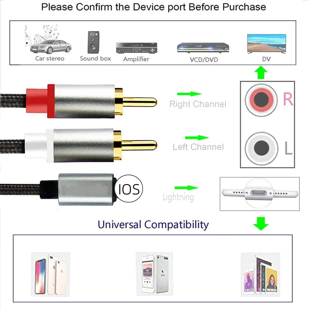 RCA Audio Cable for Home Theater Amplifier Speaker 8Pin To 2 RCA R/L Y Splitter Stereo Cord Compatible with IOS10 Mobile Phones