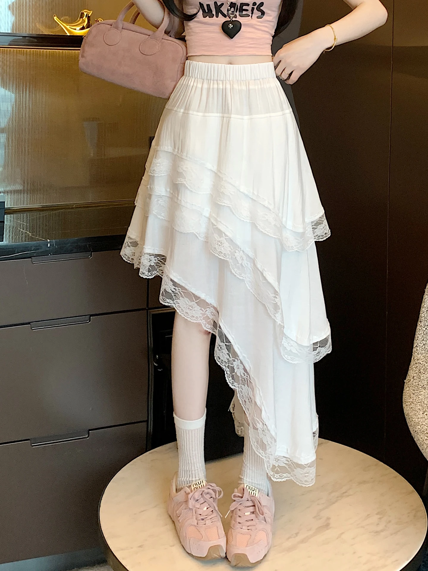 Asymmetrical Lace Trim A-Line Skirt Women's Mid-Length Cake Skirt Draped Fairy White Summer Skirt Commute Korean Style