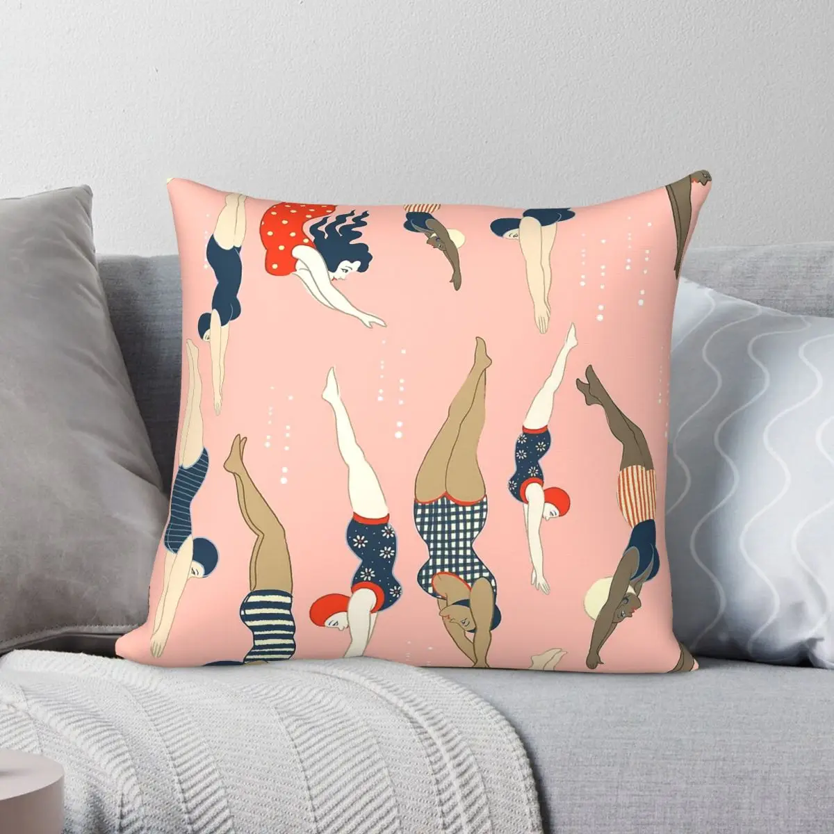 Diving Ladies Vintage Repeat Square Pillowcase Polyester Linen Velvet Printed Zip Decorative Throw Pillow Case Sofa Seater Cover