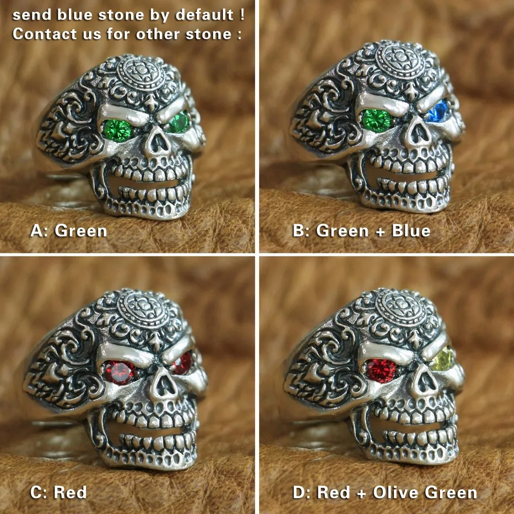 Details Blue CZ Eyes 925 Sterling Silver High Skull Ring Biker Punk Jewelry TA126 US Size 7~15 BZ - view 6