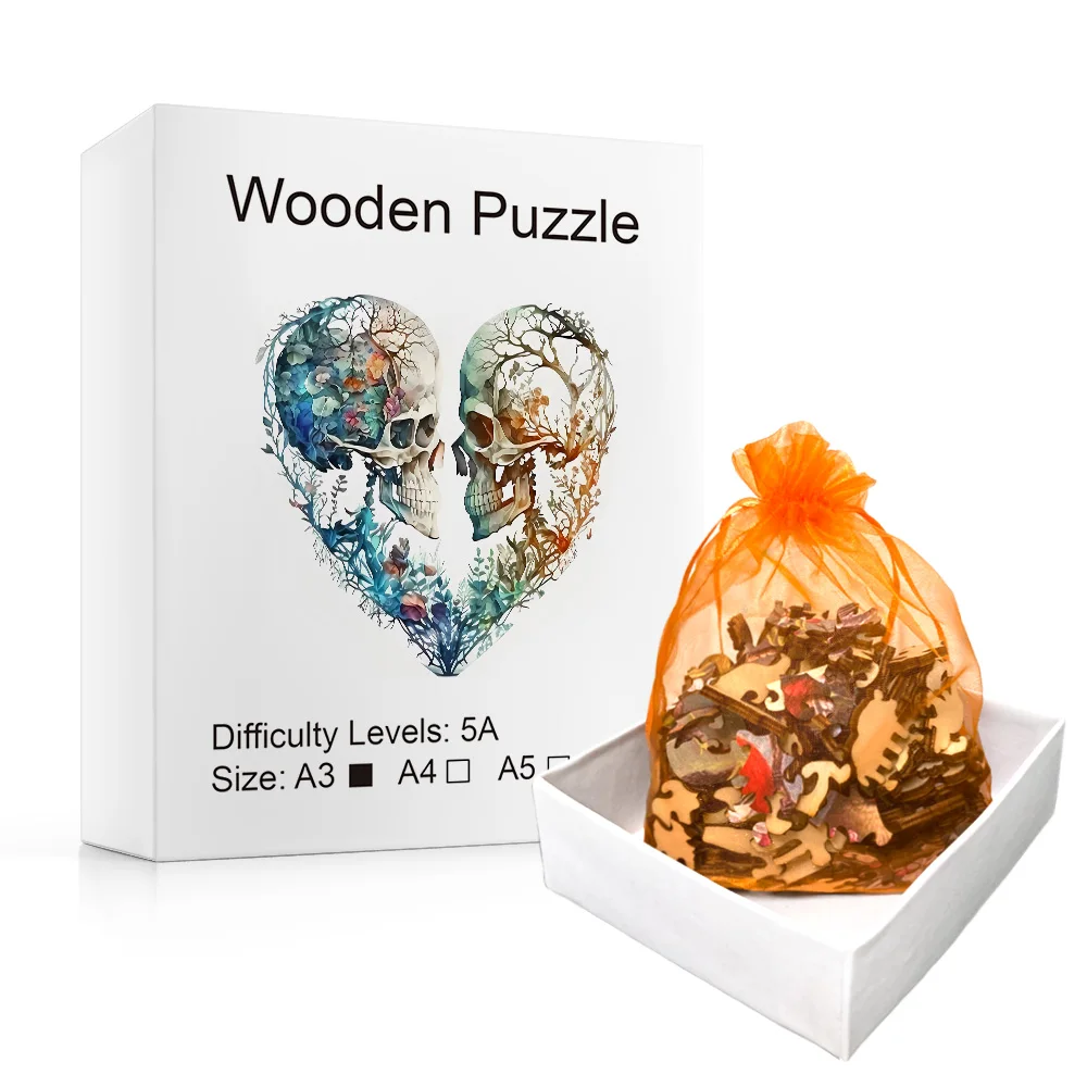 Wooden puzzle, heart-shaped skull, exploring mysterious alien puzzles, experiencing the charm of wood, nature and art