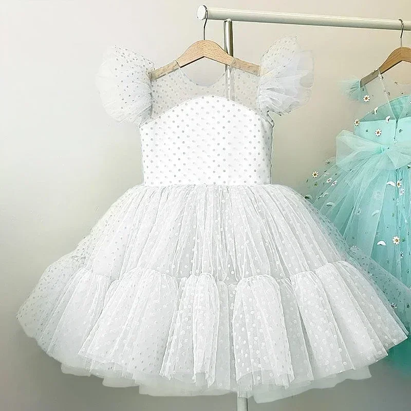 Summer Girl Dresses for Kids Birthday Party Outfits Polka-Dots Flying Sleeve Princess Dress Children Pageant Wedding Formal Gown