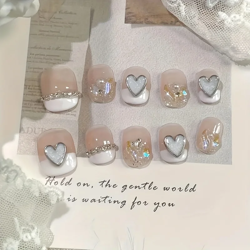 

10pcs high-end Short hair French Style Temperament White Gentle system handmade fake nails, diamond glitter new nail patch