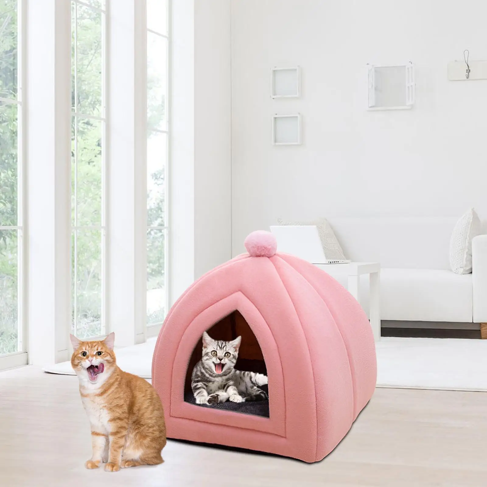 Cute Pet Cat Bed Semi Closed Dog House Sofa Nest Velvet Washable Puppy Kennel Warm Comfortable Tent for Indoor Outdoor