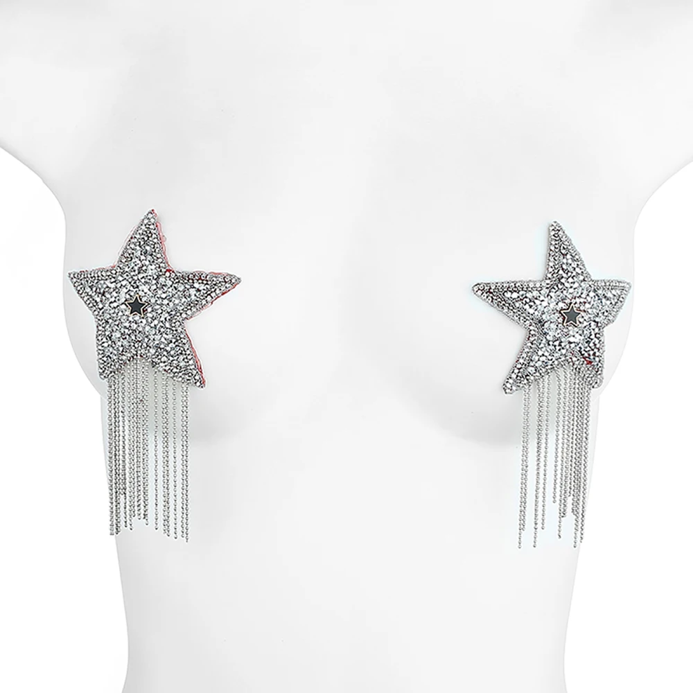 1pair Tassel Rhinestone Star Nipple Stickers Women Sexy Bra Nipple Cover Reusable Wear Silicone Nipple Pasties Chest Stickers