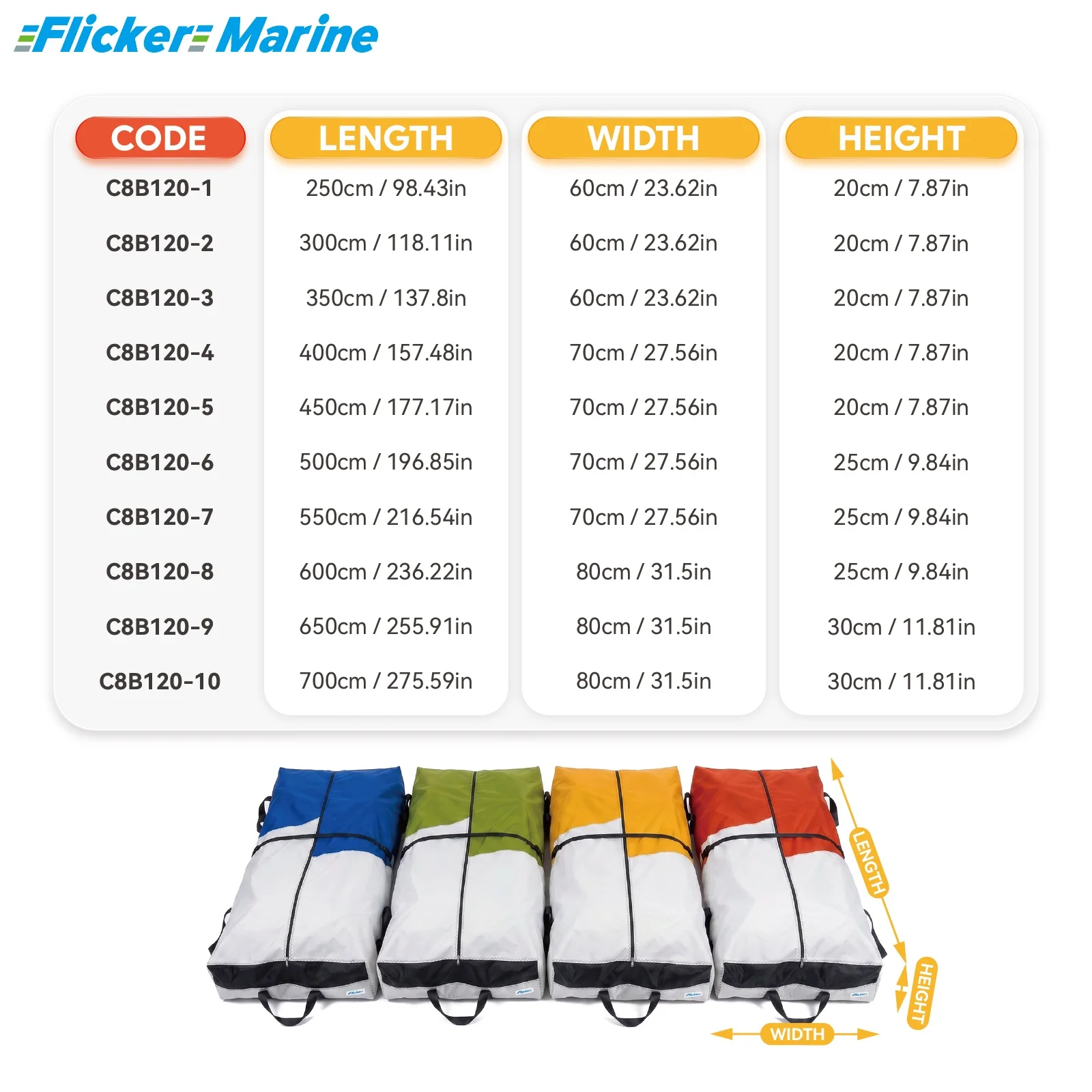 Flicker Color Block Long Mainsail Sail Bag, Durable Polyester Sail Storage Bag, UV Protection, Secure Closure, 10 Sizes, 4 Color