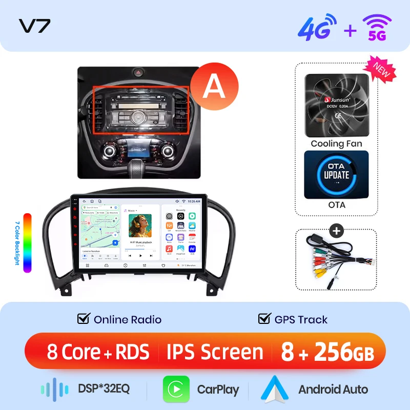 Junsun draadloze CarPlay Android Auto autoradio voor Nissan Juke (F15) 2010-2019 met ingebouwde koelventilator, Android GPS navigatie, multimediaspeler, WiFi, DSP, RDS, BT, SWC, IPS touchscreen,