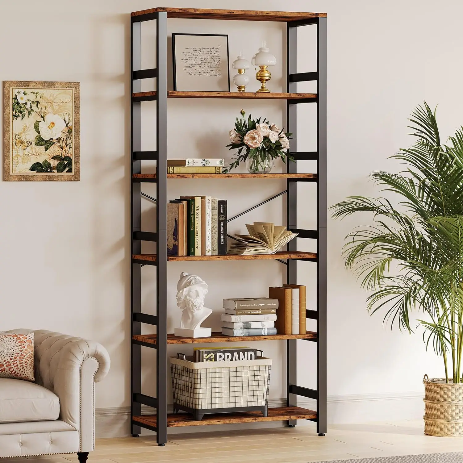 Bookshelf, 31.5in Wide Shelf 6 Tier Bookcase, 110lbs/shelf Vintage Industrial Style Bookshelves for Bedroom, Living Room