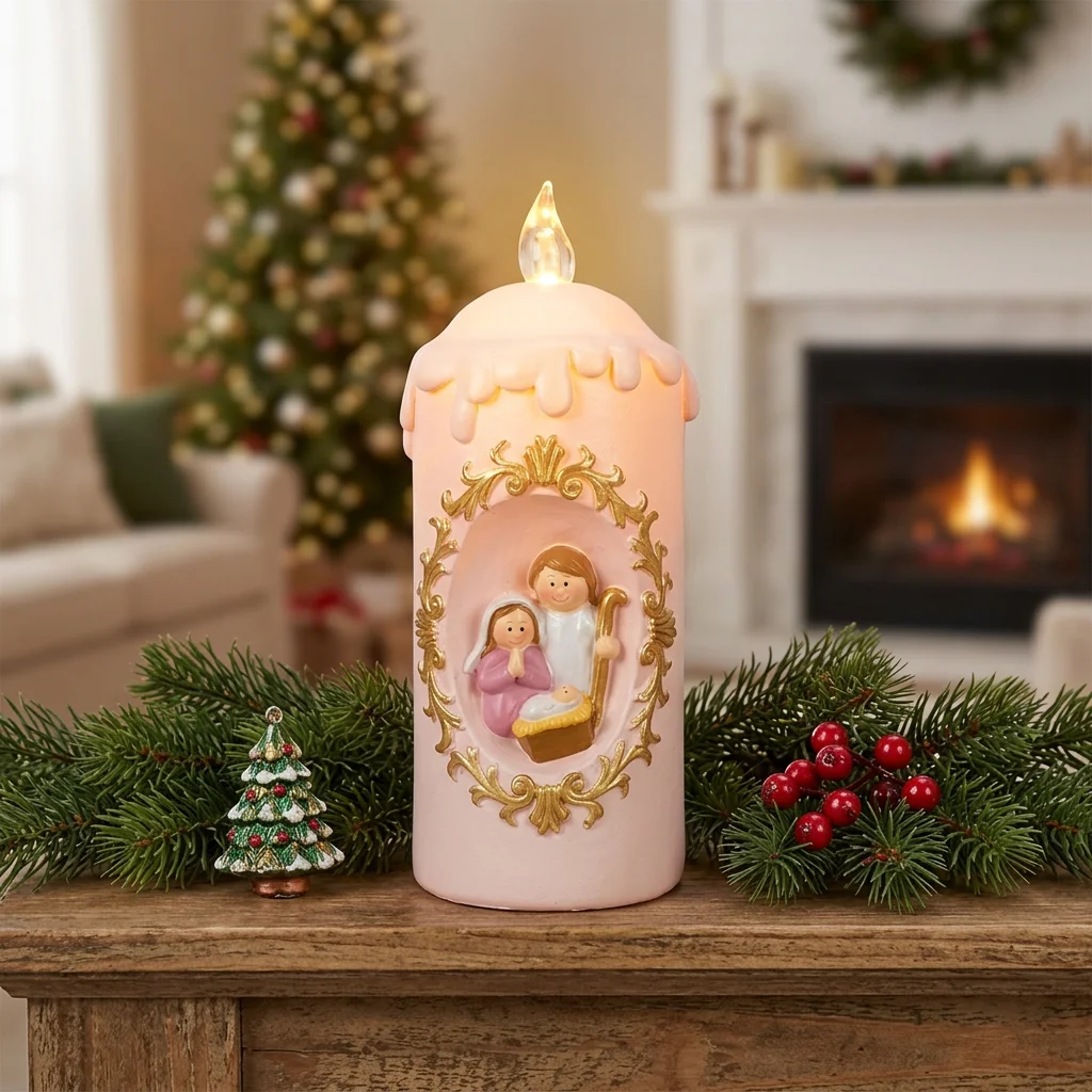 Christmas LED Lantern Pink Simulated Flame Lamp Jesus Birth Pattern Desktop Decoration Night Light Navidad New Year Gifts view 4