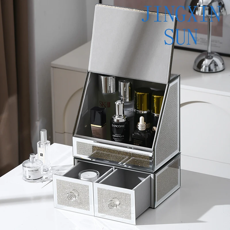 Gold glass cosmetic storage box, dust-proof desktop, can be stacked with large-capacity shelves, dresser, dark finishing